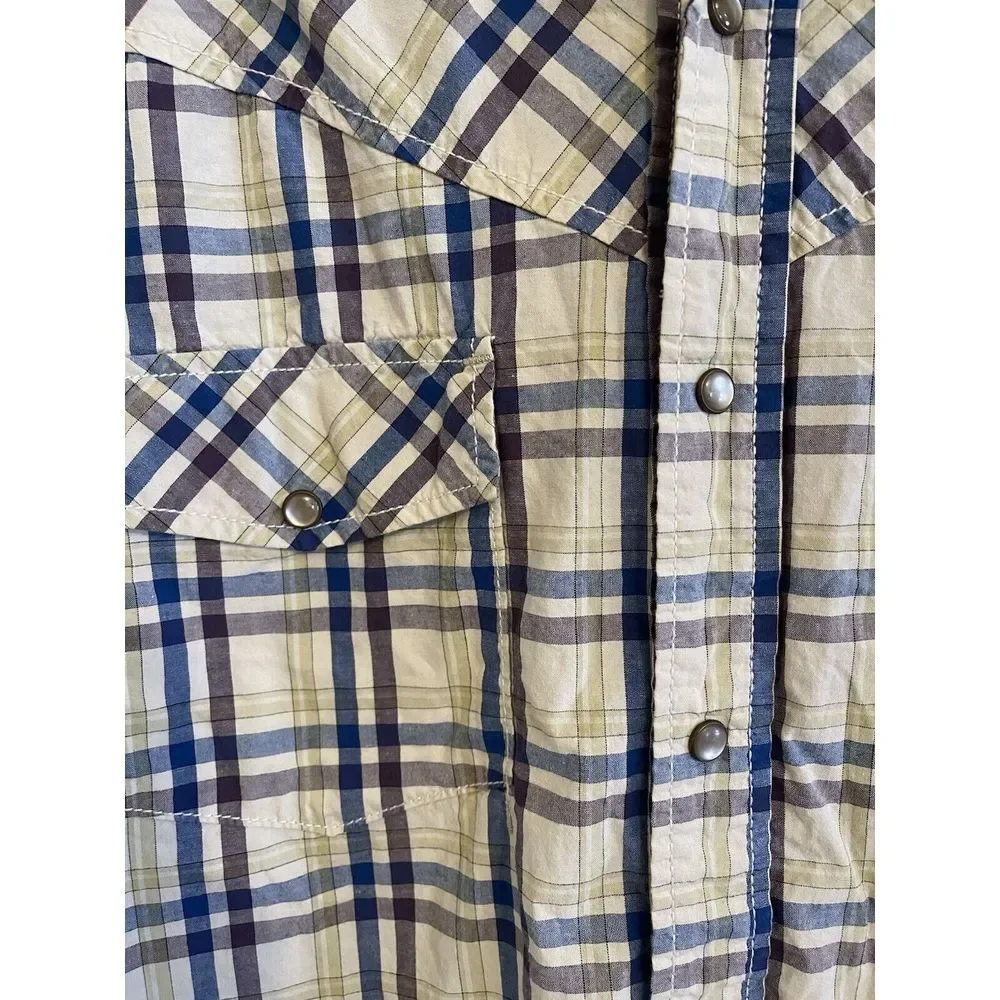 Christian Audigier Shirt size XL Pearl Snap Blue Tan Plaid‎ Long Sleeve Western